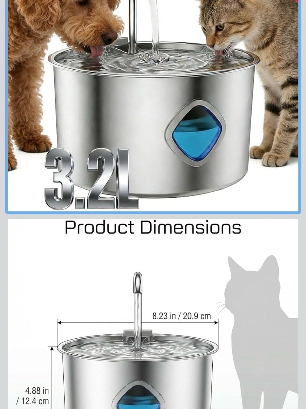 Stainless Steel 3.2L Pet Water Fountain for Dogs and Cats
